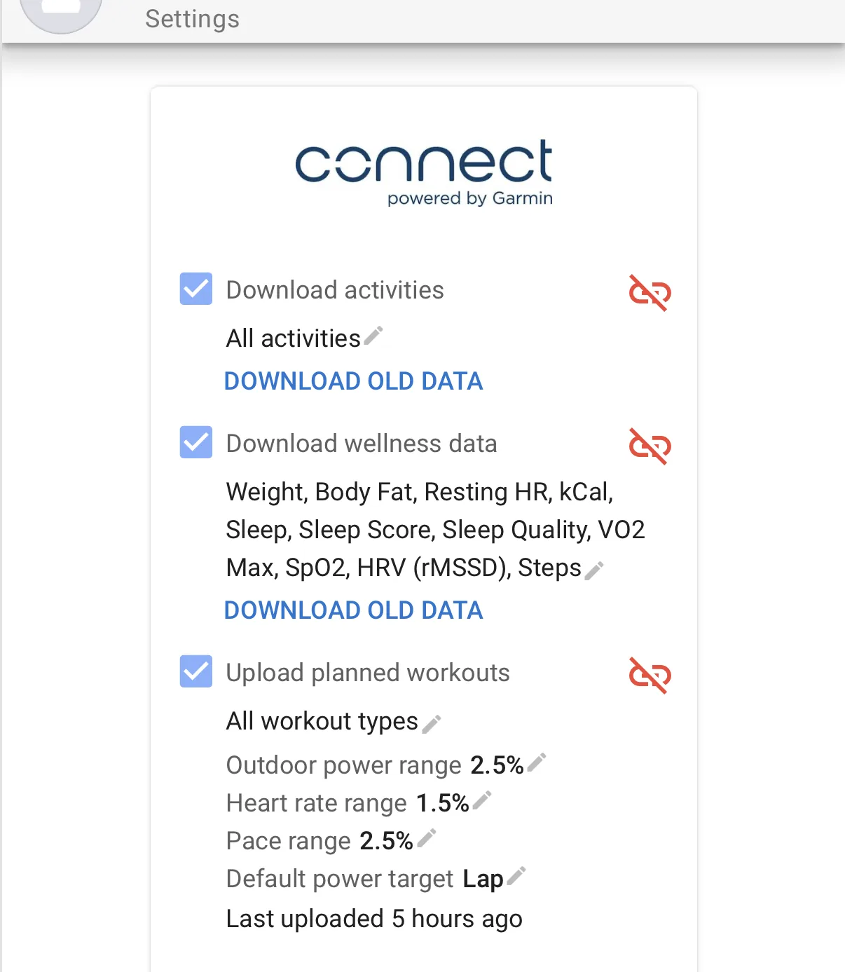 The pairing service Connections page with Garmin linked for downloading activities, wellness data, and uploading planned workouts