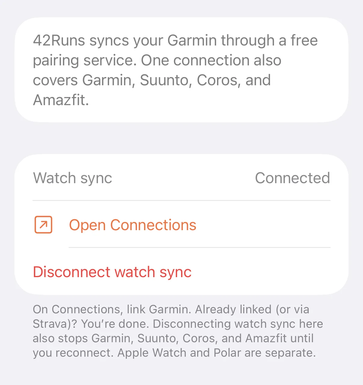 The Garmin watch sync screen in 42Runs showing Connected, Open Connections, and Disconnect watch sync