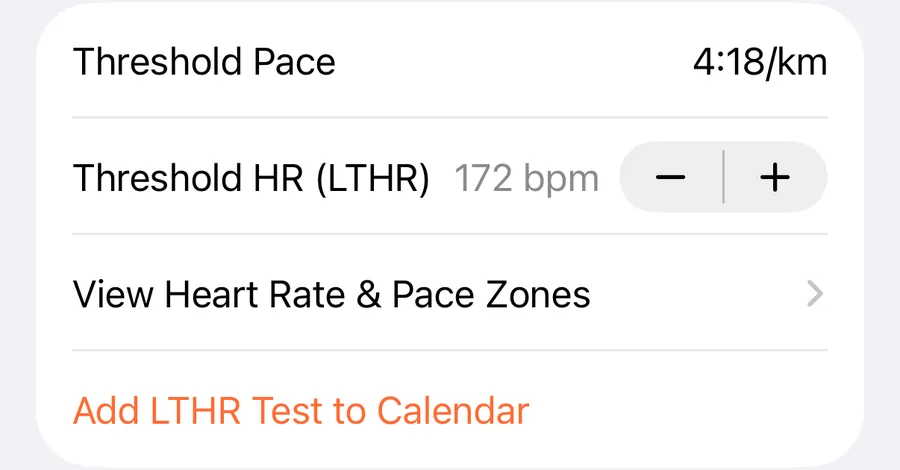 The Running Zones settings in 42Runs, showing Threshold Pace 4:18/km, Threshold HR 172 bpm and the Add LTHR Test to Calendar button