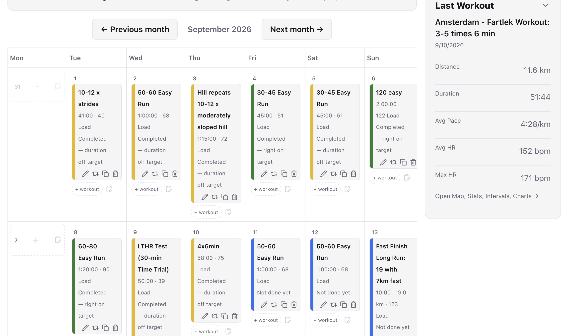 42Runs coach platform's full month calendar, with a weekly totals column and workouts synced to the athlete's watch