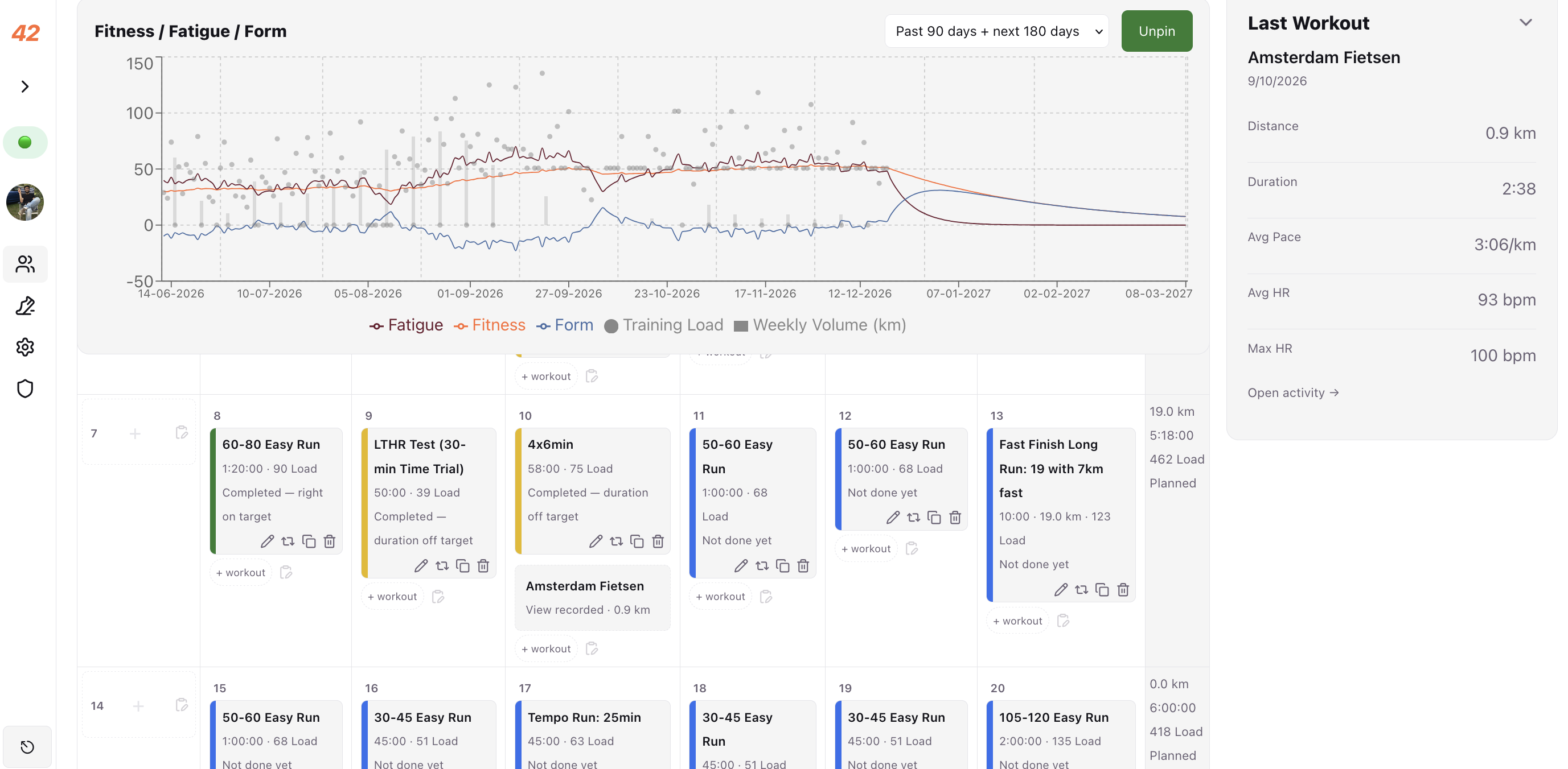42Runs coach platform showing an athlete's Fitness/Fatigue/Form chart and calendar