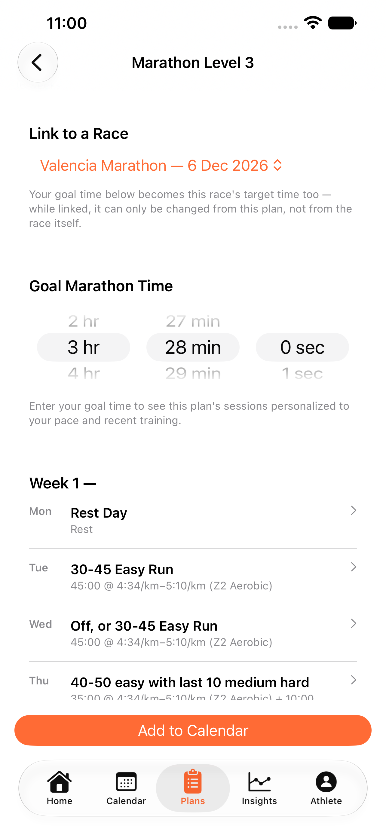 42Runs marathon training plan detail, linked to a race with a personalized goal time