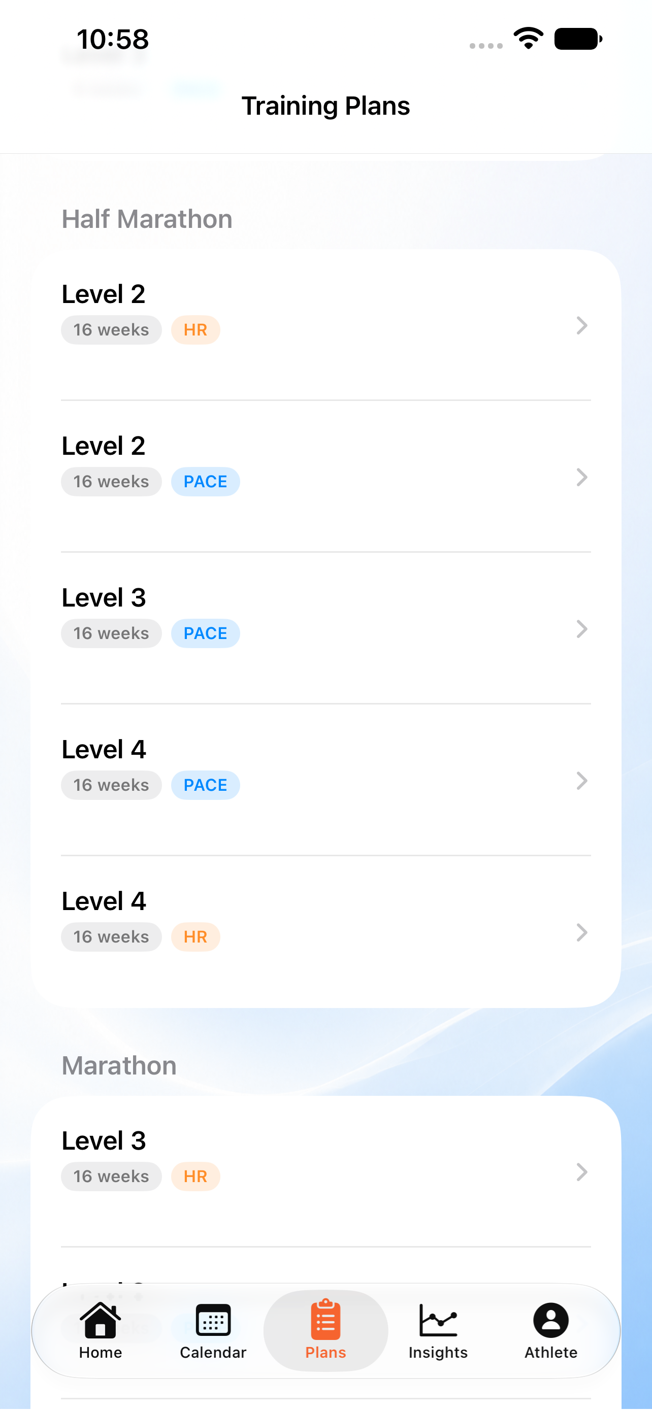 42Runs training plan library, browsable by distance and level