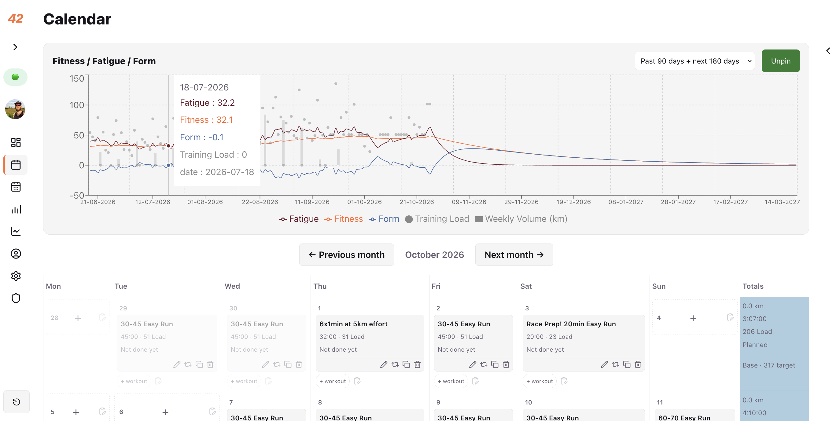 42Endurance webdashboard-agenda met geplande trainingen en wekelijkse belasting